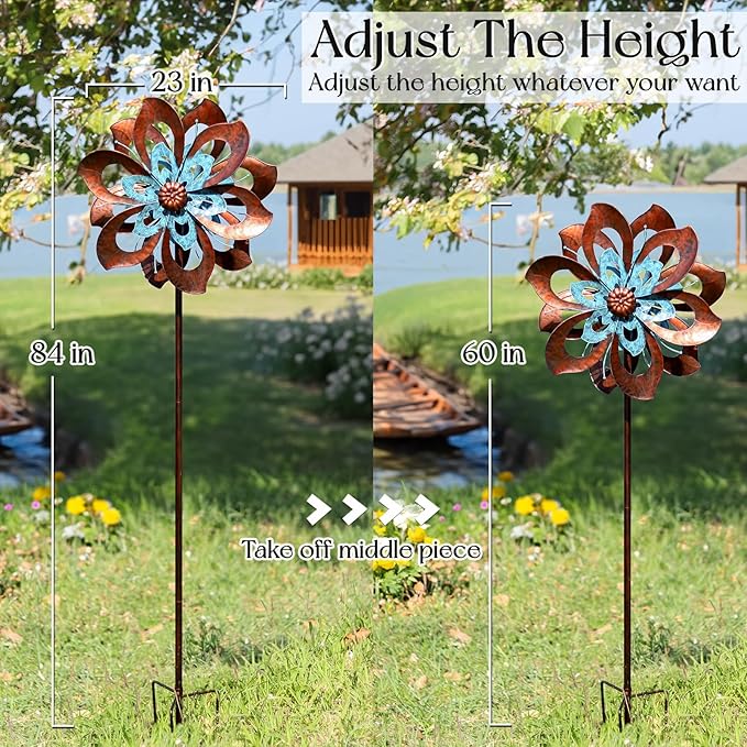 Garden Wind Spinner,Flower Wind Spinner,Outdoor Metal Wind Sculpture & Spinner Large 23 inch Dia 84 inch Height Kinetic Windmill for Garden Yard-Ruum Studio Home