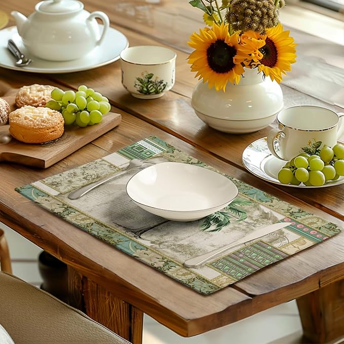 Tropical Palm Tree Placemats Set of 4 Summer Vintage Green Leaf Kitchen Table Mat 12x18 Inch Hawaii Beach Jungle Plant Tree Heat Resistant Washable Linen Place Mats for Dining Tables-Ruum Studio Home