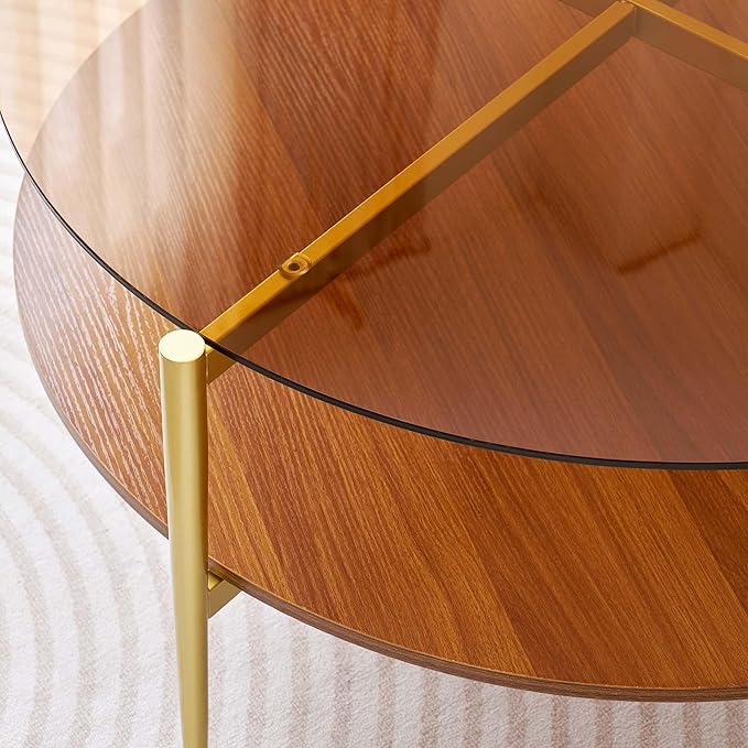 Extra Large Round Coffee Table, Mid-Century Modern Design, D34 x H17 in, for Living Room, 2-Tier Structure, Amber Glass Top and Walnut MDF Shelf, Sleek Conical Metal Legs with Gold Finish-Ruum Studio Home
