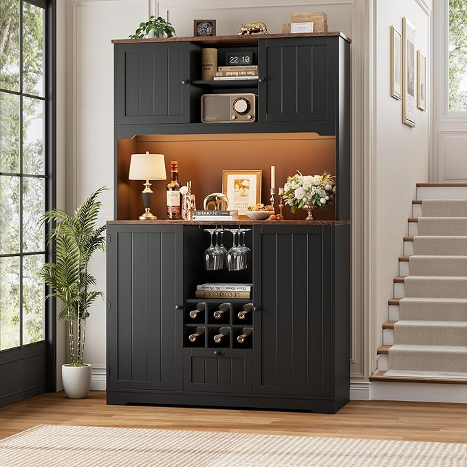 FINETONES 71" Pantry Cabinet with LED Light and Charging Station, Kitchen Pantry Cabinet with Microwave Stand, Kitchen Hutch Food Storage Cabinet with Outlet and Wine Racks, Black-Ruum Studio Home