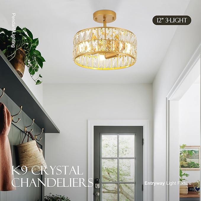 12” 3-Light Modern Crystal Chandeliers Gold Dinning Room Light Fixture, Round Pendant Light Kitchen Island Chandelier, Flush Mount Ceiling Light for Living Room Entryway Bedroom Foyer-Ruum Studio Home