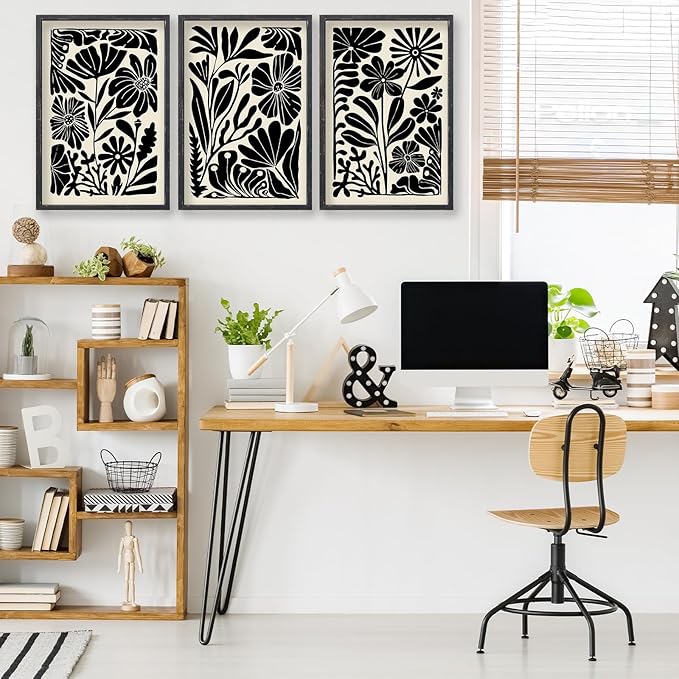 Abstract Floral Botanical Wall Art 16x24 Inch 3 Piece Black Vintage Boho Plant Flower Minimalist Wood Frame Sign Home Living Room Family Office Mid Century Print Wall Hanging Decor (Black)-Ruum Studio Home
