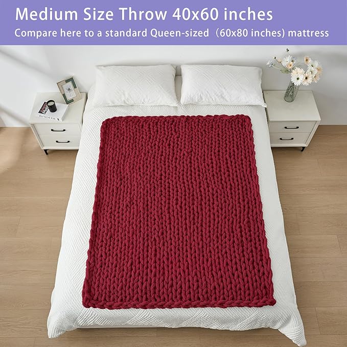 Bigacogo Chunky Knit Throw Blanket for Couch, 40x60 inches, 100% Hand Knitted with Thick Jumbo Chenille Yarn, Cozy Soft Large Rope Knot Cable Crochet Blankets for Sofa Bed Living Room, Red-Ruum Studio Home