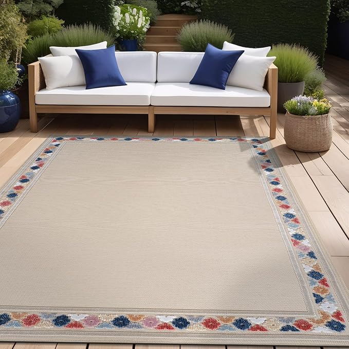Beverly Rug Outdoor Rug 4x6 Modern Bordered Area Rugs for Indoor and Outdoor Patio Easy to Clean Non Shedding Living Room Porch Garden Washable Outside Carpet (4 x 6 Beige)-Ruum Studio Home