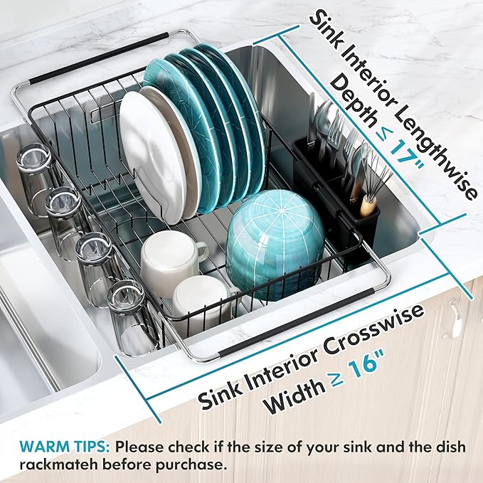 MAJALiS Dish Drying Rack in Sink - Small Dish Drainers for Kitchen Sink, Over The Sink Dish Racks with Utensil Holder, Stainless Steel Dish Rack in Sink, Black-Ruum Studio Home