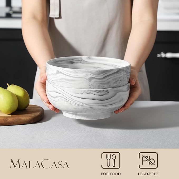 MALACASA Large Serving Bowls, 60 OZ (8'') Salad Bowls Set of 2, Ceramic Mixing Bowls for Kitchen, Serving Bowl for Soup, Pasta, Side Dishes and Entertaining, Marble Grey, Series REGULAR-Ruum Studio Home