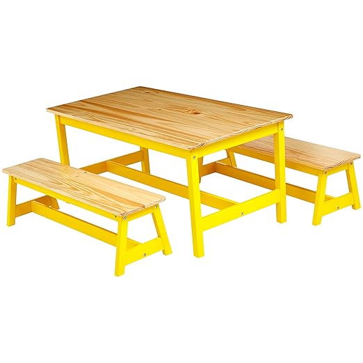 Amazon Basics Indoor Kids Table and Bench Set, Natural, solid pine wood, 3 Count (Pack of 1), Wood Activity Table for Art, Craft, Reading, Learning-Ruum Studio Home