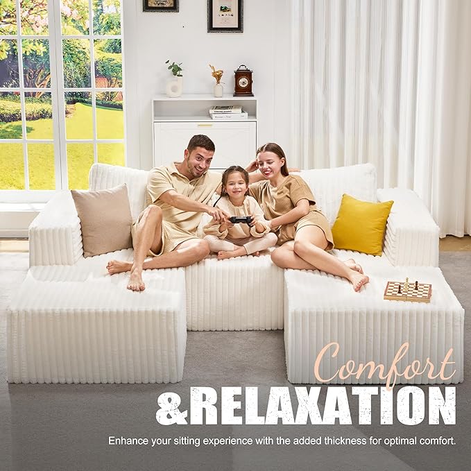 Hobestluk Modular Sectional Sofa Memory Foam Couch Oversized Sectional Sofa 3-Seater with Chaises Cloud Couch with Removable Cover U Shaped Sofa for Living Room (Strip White, U Shape)-Ruum Studio Home