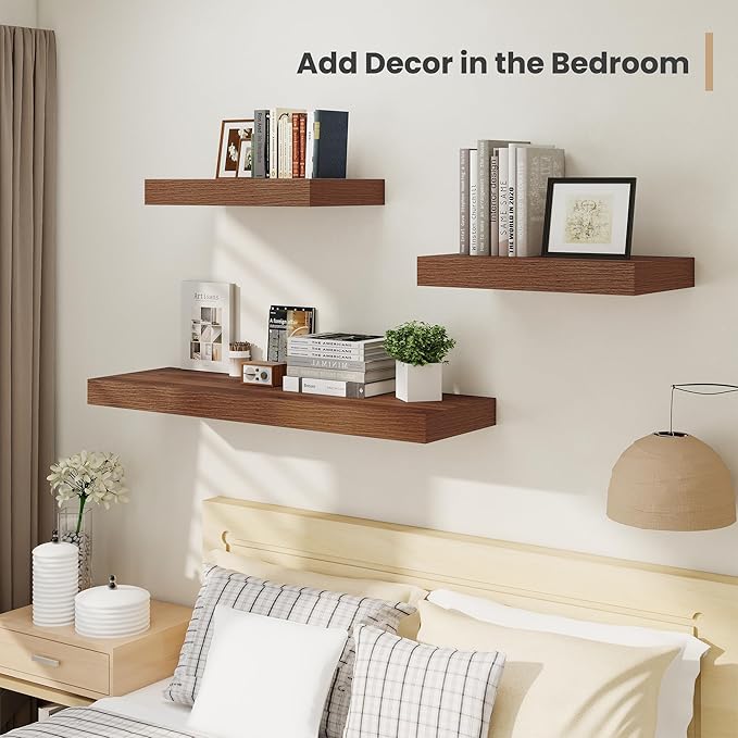 Heimlove 12 Inch Deep Floating Shelves, 48 x 12 inches Long Wall Shelf, Large Display Shelf & Storage Shelf, Rustic Wood Wall Shelves for Fireplace Mantel, Set of 2(Walnut)-Ruum Studio Home