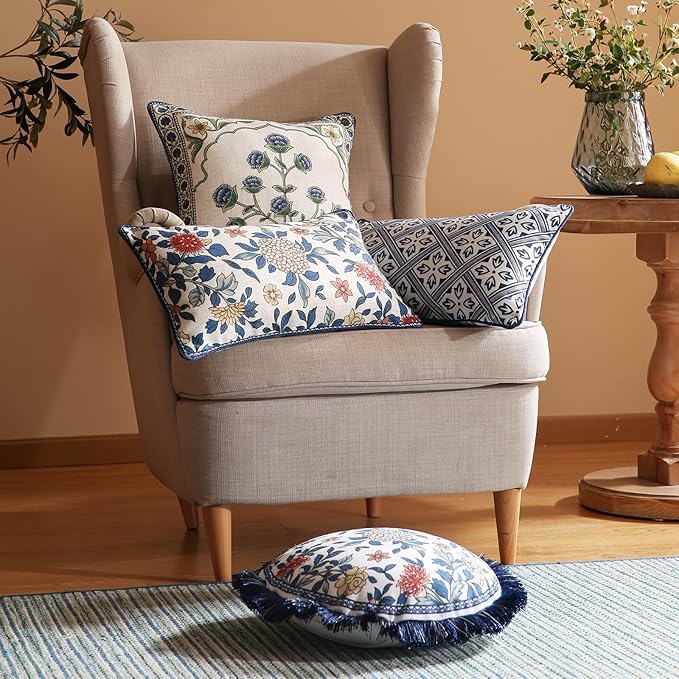 patdrea Designer Floral Linen Throw Pillow Covers,Blue French Cottage Flower Pattern Decorative Pillowcases Cushion for Bed Living Room Outdoor Car,Pack of 4-Ruum Studio Home
