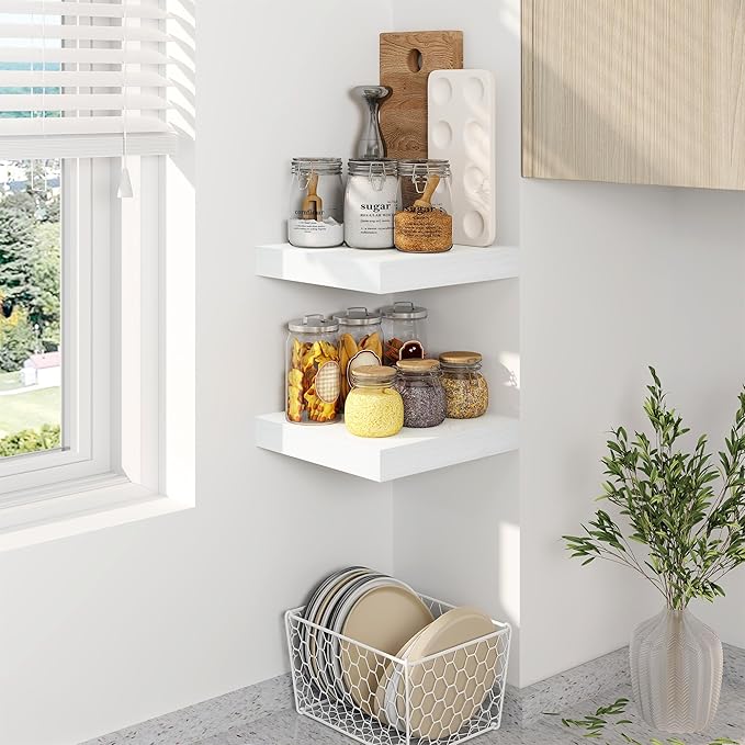 8 Inch Deep Floating Shelves White, Rustic Wood Floating Shelf for Home Decor, 8 x 8 Inch Square Wall Shelves, Wooden Storage & Display Shelves for Kitchen, Bathroom, Living Room, Set of 2-Ruum Studio Home