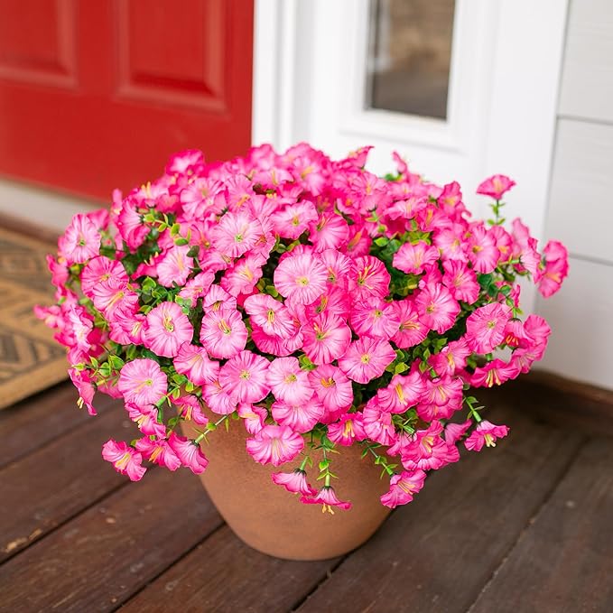 Artificial Flowers for Outdoors Fake Plants Outside Decoration, 12 Bundles Silk Pink Morning Glory with Eucalyptus UV Resistant Look Real Faux Flowers for Planter Front Door Yard Gardens Home-Ruum Studio Home