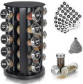Black Countertop Revolving Spice Rack, Empty 20-Jars Rotating Spice Rack Organizer, Round Carousel Tower, 135 Spice Labels with Funnel Complete Set, for Kitchen Countertop, Cabinet-Ruum Studio Home