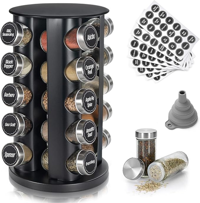 Black Countertop Revolving Spice Rack, Empty 20-Jars Rotating Spice Rack Organizer, Round Carousel Tower, 135 Spice Labels with Funnel Complete Set, for Kitchen Countertop, Cabinet-Ruum Studio Home