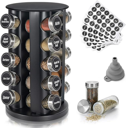 Black Countertop Revolving Spice Rack, Empty 20-Jars Rotating Spice Rack Organizer, Round Carousel Tower, 135 Spice Labels with Funnel Complete Set, for Kitchen Countertop, Cabinet-Ruum Studio Home