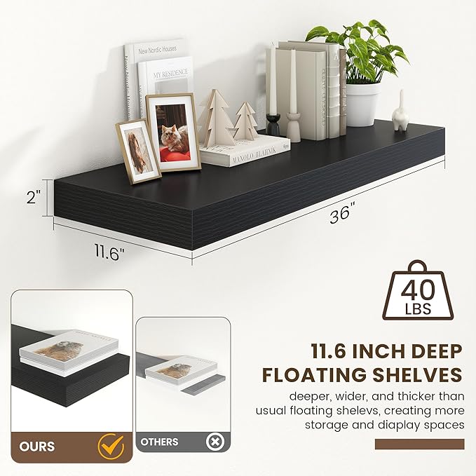 Deep Floating Shelves for Wall | 36 Inch Wide x 12 Inch Deep Black Floating Shelves | 36W x 12D Rustic Wood Wide Wall Shelves | Bookshelf Laundry Shelf TV Shelf-Ruum Studio Home