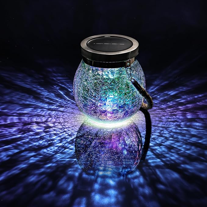Cooo 4 Pack Solar Lantern Outdoor Waterproof Iridescent Crackle Glass with 215% Larger Solar Panel, Stainless Steel Lid – Rainbow Glass Hanging Light with Cool White LED for Garden Patio Table-Ruum Studio Home