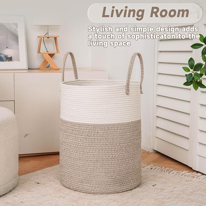 Large Woven Laundry Basket Hamper,60L Cotton Rope Storage Bin for Blankets,Toys and Clothes,Decorative Tall Nursery Hamper for Living Room,Baby Nursery,Bathroom and Bedroom,Brown-Ruum Studio Home