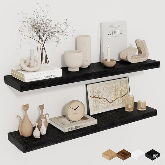 Fun Memories 32Inch Floating Shelves for Wall 2 Pack Wood Shelves for Kitchen, Bathroom, Bedroom Wall Mounted Rustic Wood Floating Shelf with Invisible Brackets for Books, Storage, Decor, Black-Ruum Studio Home