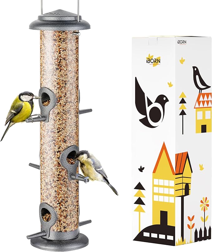 iBorn Metal Bird Feeder Hanging Wild Bird Seed Feeder for Mix Seed Blends Heavy Duty All Metal Silver Finish,14 Inch 6 Port(Seed is not Included)-Ruum Studio Home