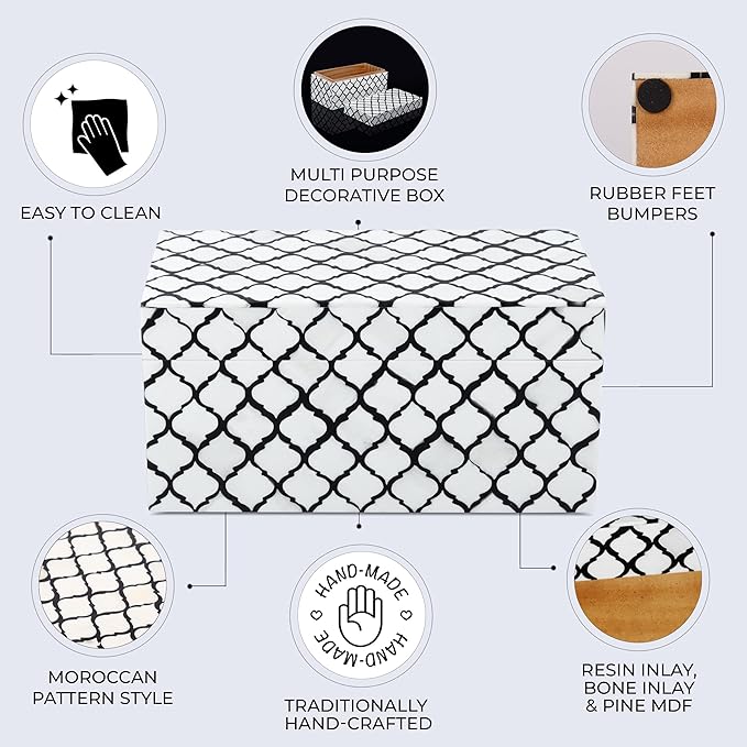 Handicrafts Home Handmade Moroccan Pattern Inspired Decorative Box - Large Storage Organizer for Neck Chains, Watches, Memory Keepsakes - Boho Style Treasure Box, Multipurpose Gift - B&w, 10x5x5-Ruum Studio Home