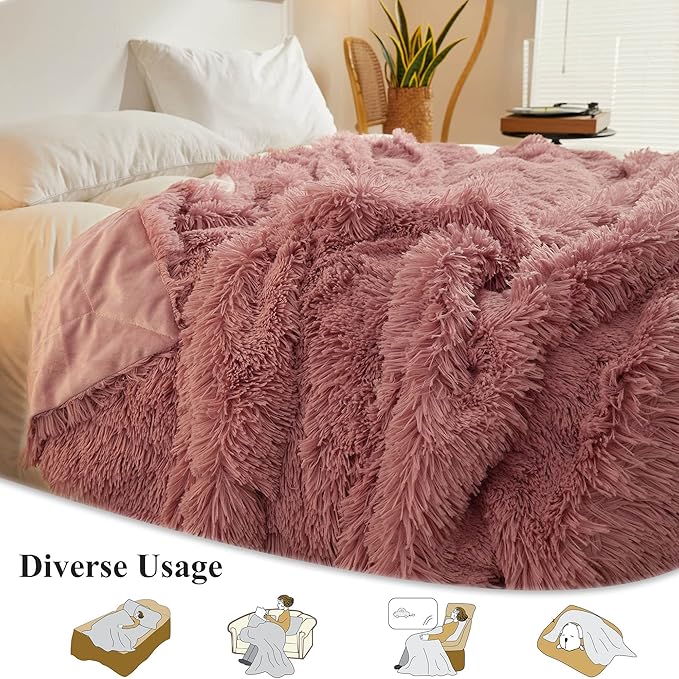 XeGe Plush Faux Fur Throw, Dusty Pink Luxurious 50x60 Shaggy Furry Blanket, Fluffy Microfiber Velvet Couch Throw, Ultra Soft Warm Fuzzy Lap Blanket for Sofa Bed Chair Car Office, Dusty Pink-Ruum Studio Home