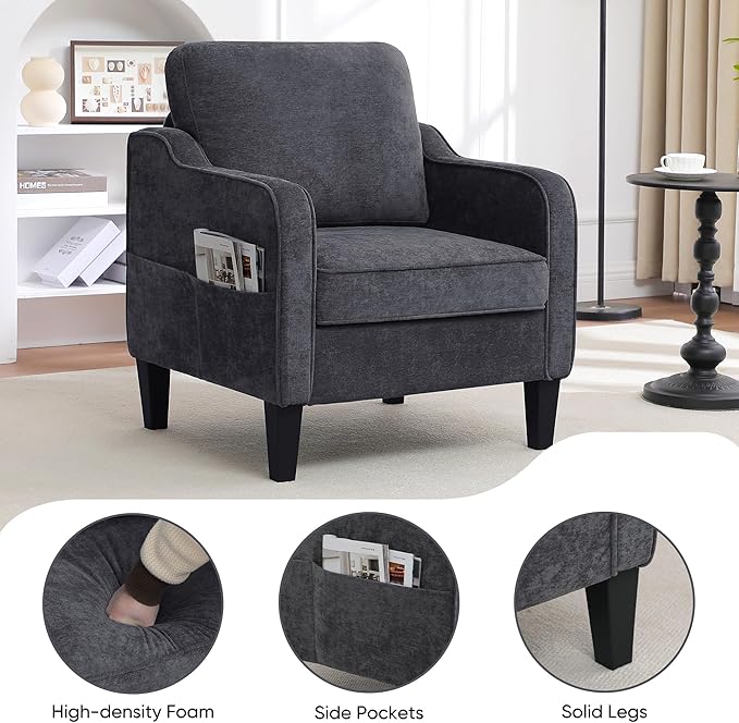 Accent Chairs Set of 2, Upholstered Living Room Chairs with Side Pockets, Mid Century Modern Reading Chair for Bedroom, Comfy Armchair Single Sofa Side Chair for Office, Small Room, Dark Grey-Ruum Studio Home