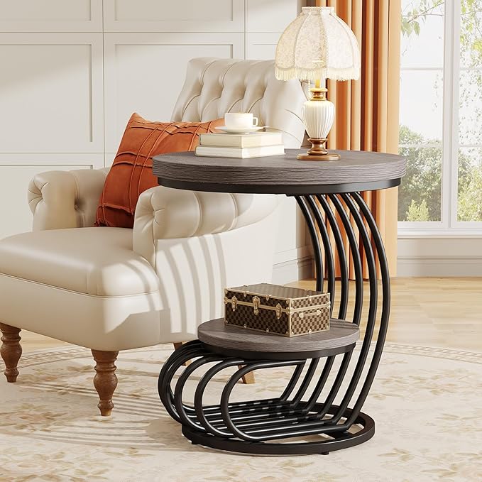 Tribesigns Round End Table: 2 Tiers Wood Side Table with Storage Shelf, Rustic Gray Bedside Nightstand, Metal Arc-Shaped Frame Accent Table for Living Room, Bedroom-Ruum Studio Home