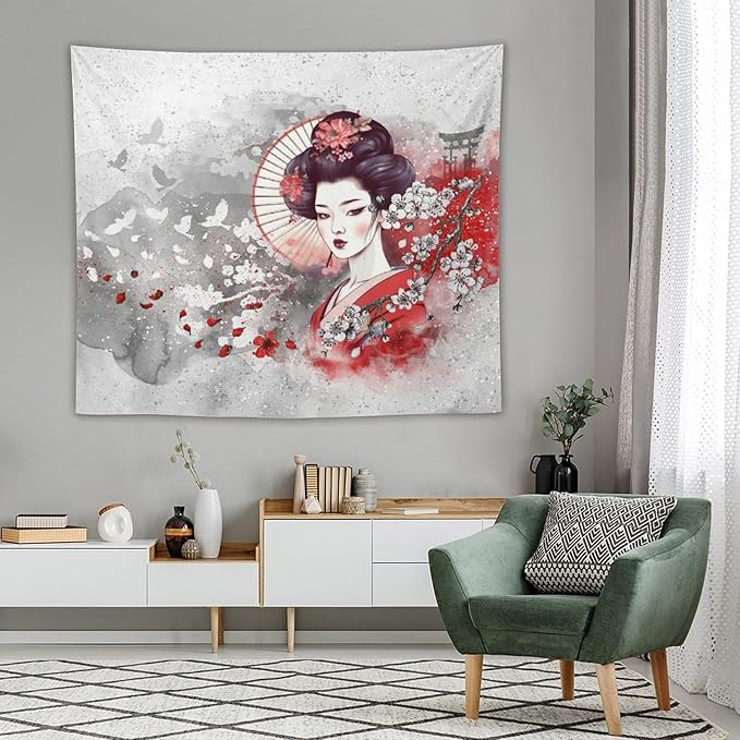 Japanese Geisha Tapestry Asian Red Cherry Blossom Traditional Kimono Folk Tapestries Home Decor for Living Room Bedroom Apartment Farmhouse Dorm 60"x50"-Ruum Studio Home