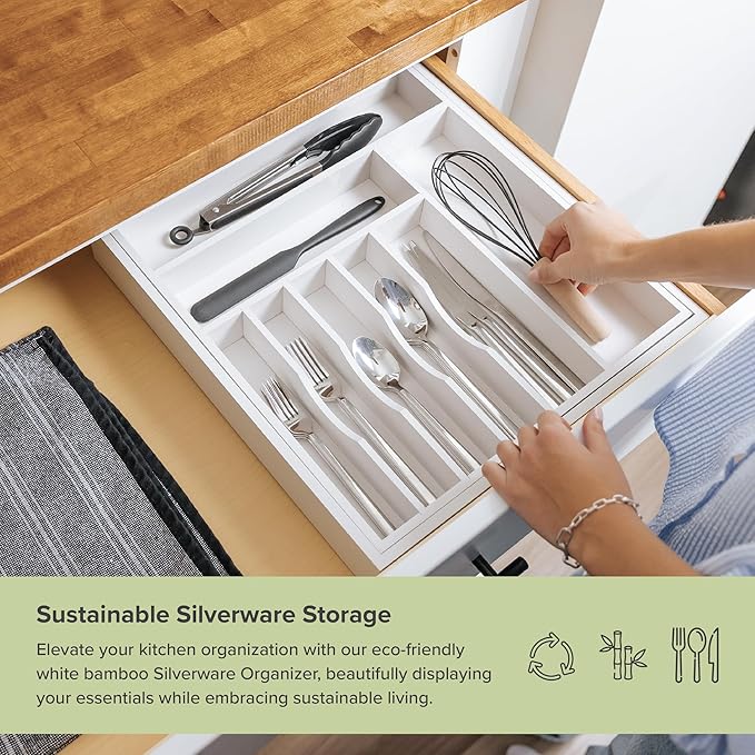 Premium Silverware, Flatware and Utensil Organizer for Kitchen Drawers, Food-Safe Contract Grade, Expandable from 16 to 28 In, White Bamboo-Ruum Studio Home