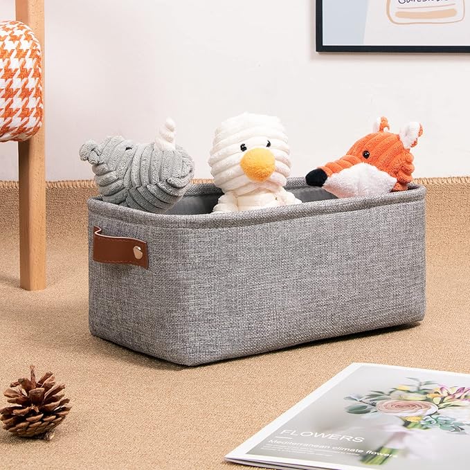 DULLEMELO Small Storage Baskets 11.8"x7.9"x5.1", Fabric Storage Bins for Shelves,Closets,Nursery,Home,Office [3 Pack], Collapsible Storage Baskets with Leather Handles (Gray)-Ruum Studio Home