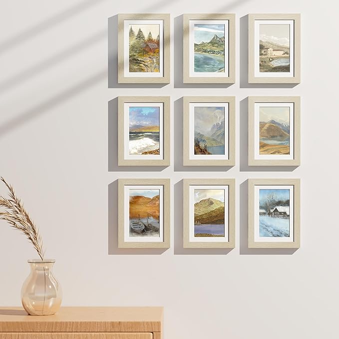Vittanly 5x7 Picture Frames Set of 9, Shatter Resistant Plexiglass, Display 4x6 Pictures with Mat or 5x7 without Mat, Photo Frames for Wall or Tabletop, Engineered Wood, Cornsilk-Ruum Studio Home