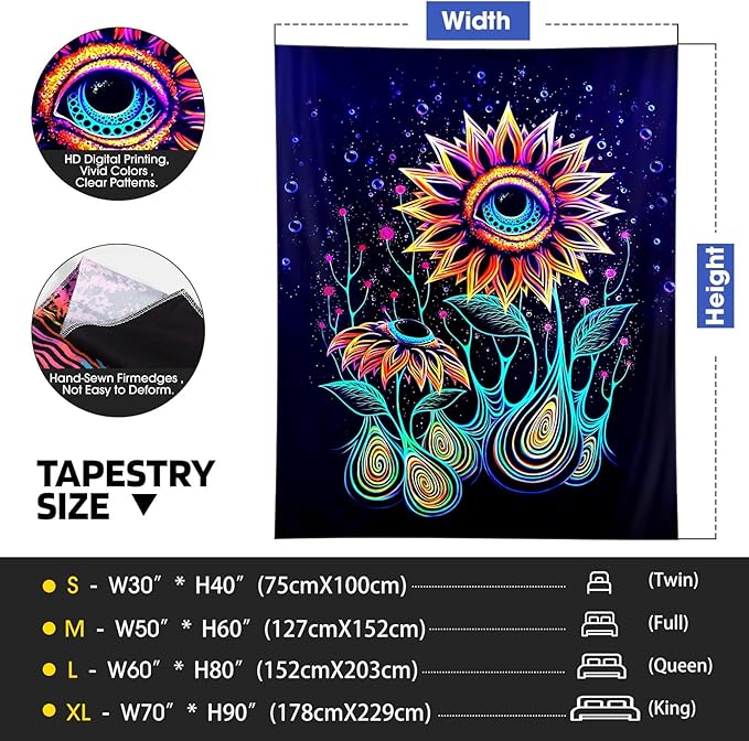 ADDWel Blacklight Sunflower Tapestry, Hippie Eye Tapestry Glow In The Dark, UV Reactive Black Light Upright Posters Wall Hanging for Bedroom Dorm Living Room Backdrop Decor-Ruum Studio Home