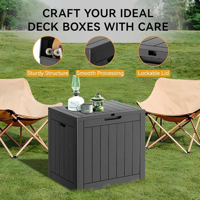 KAMABOKO Deck Box, 32 Gallon Resin Indoor and Outdoor Storage Boxes Waterproof for Garden Tools, Pool Accessories Storage Bench, Patio Furniture and Cushions with Lockable Lid, Grey-Ruum Studio Home