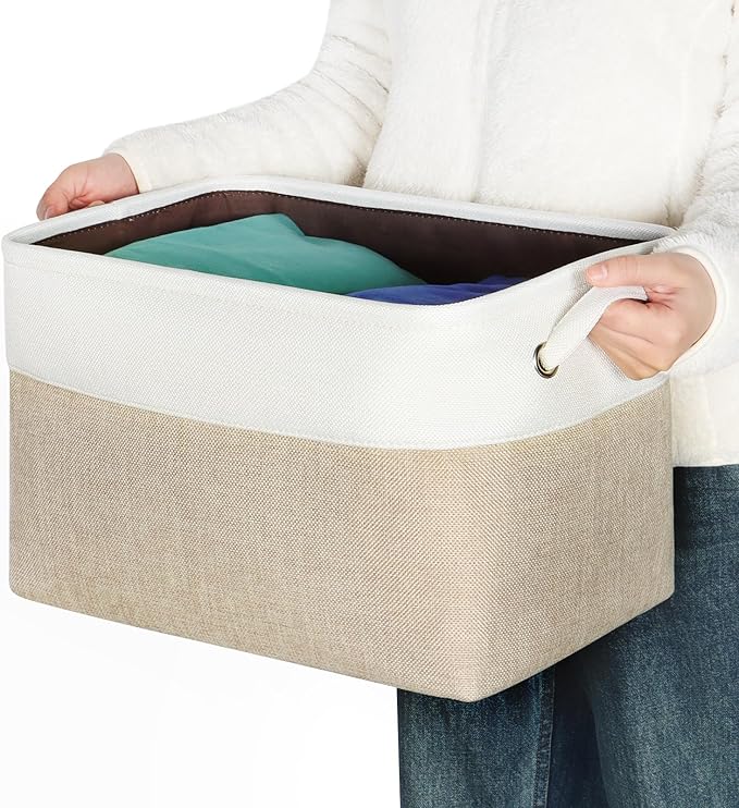 Kntiwiwo Foldable Storage Bins 15" x 10" x 9.5" Fabric Storage Basket Cube with Handles Large Linen Closet Organizer Bins for Organizing Shelf Home,Set of 3, Beige-Ruum Studio Home