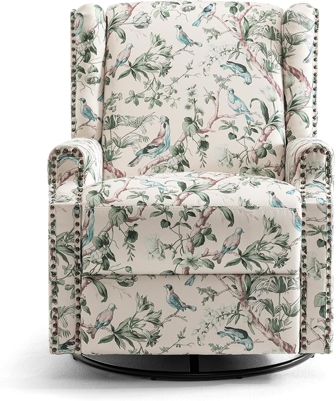 UIXE Swivel Rocker Manual Recliner Chair, Wingback Swivel Glider Fabric Nursery Reclining Sofa Chair, High Back Upholstered Arm Chair for Living Room Bedroom - Bird Pattern-Ruum Studio Home