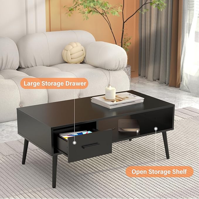 HAIOOU Coffee Table, Mid Century Modern Style Cocktail Table TV Stand with Drawer, Open Storage Shelf, Stable Floor-Anti-Scratching Pine Leg for Home, Office, Living Room - Black-Ruum Studio Home