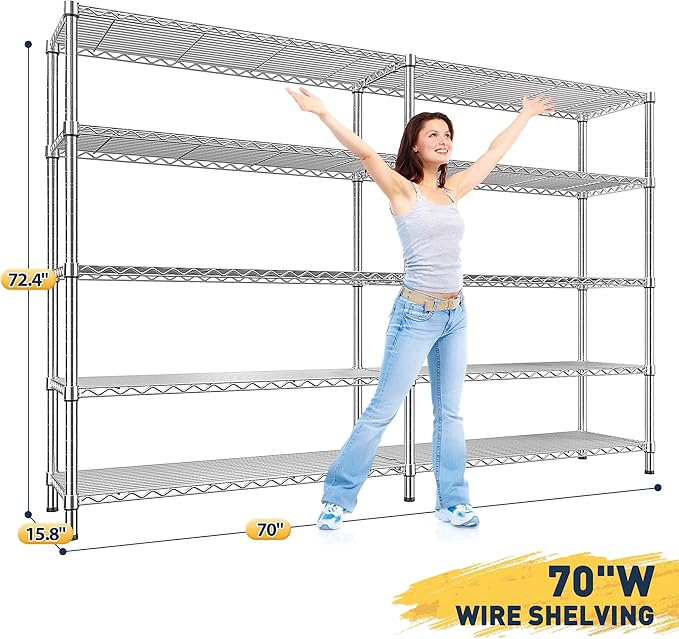 REIBII 70" W Wire Shelving Load 1500LBS, Metal Shelving 5-Tier Storage Shelves Metal Shelves for Storage Adjustable Shelving Rack for Pantry Kitchen Commercial School 70" W*15.8" D*72.4" H,Chrome-Ruum Studio Home