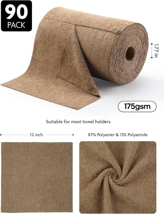 Fantasticlean Microfiber Cleaning Cloth Roll -90 Pack, Tear Away Microfiber Towels, 12" x 12", Reusable, Washable, Scratch Free, Ultra Absorbent Dish Rags for Car, Home, Garage or Shop (Tan)-Ruum Studio Home
