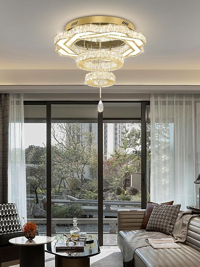 Flashing God Modern Crystal Chandeliers Dia 24" Gold Chandelier Flush Mount Ceiling Light for Bedroom Living Room Dining Room Hallway Dimmable 3 Rings LED Celing Lighting Fixtures-Ruum Studio Home