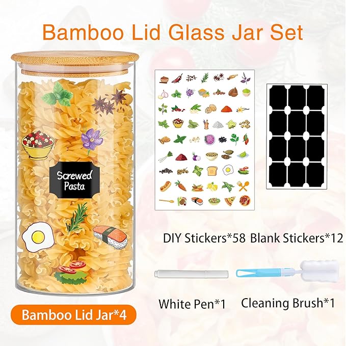 Glass Storage Jars 45 oz 4 Pcs Clear Glass Food Storage Containers with Airtight Bamboo Lid Stackable Kitchen Canisters for Candy, Cookie, Rice, Sugar, Flour, Pasta, Nuts-Ruum Studio Home