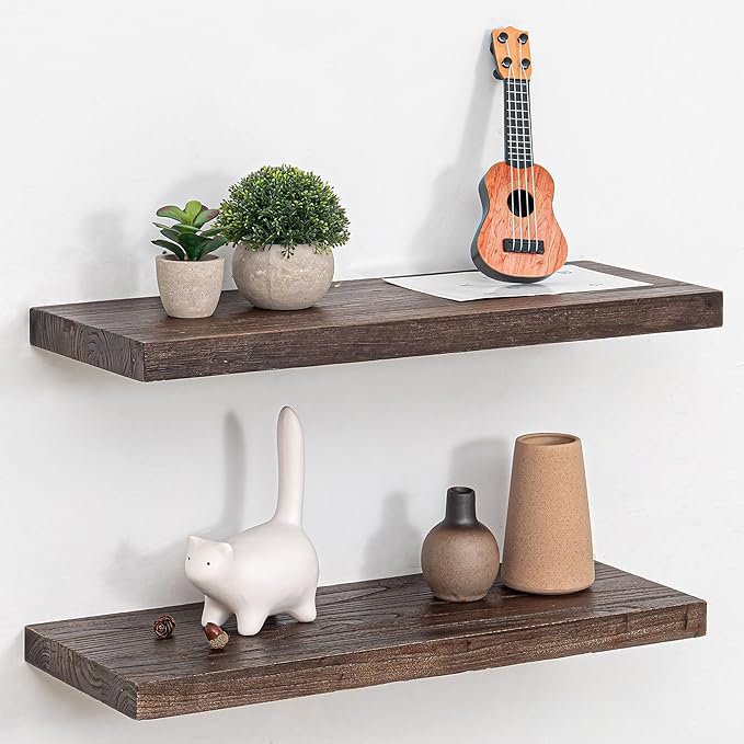 Fun Memories Floating Shelves for Wall, 24 Inch Floating Shelves Wall Mounted, Rustic Elm Wood Shelf, Heavy-Duty Storage Shelves for Books, Bathroom, Kitchen, Walnut Finish, Set of 2-Ruum Studio Home