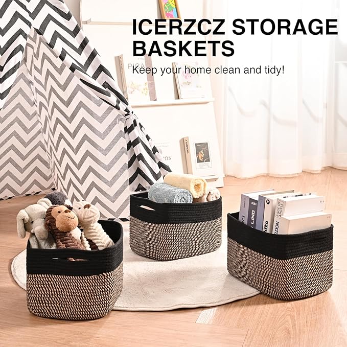 Storage Baskets for Shelves Organizing, Woven Cotton Rope Baskets for Storage, Book Basket, Decorative Shelf Basket, 12.5"Lx9.1''Wx7.9''H (4 Packs) Black & Jute-Ruum Studio Home