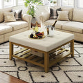 Large Square Ottoman Coffee Table, Linen Solid Upholstered Footrest Ottoman with Solid Wood Shelf Storage Tufted Coffee Table for Bedroom Living Room, Ivory-Ruum Studio Home