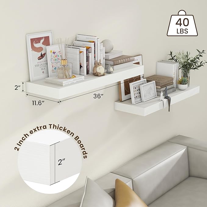 Deep Floating Shelves, 12'' Deep Rustic Large Floating Shelves Set of 2, White Shelves for Wall 36 Inches Long, Wood Shelves for Living Room Laundry Room Bedroom Kitchen Home Office - White-Ruum Studio Home