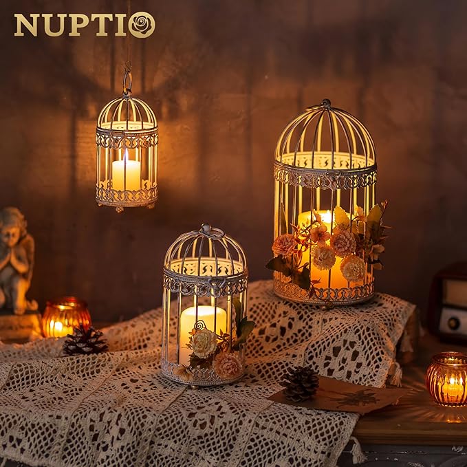 NUPTIO Tea Light Candle Holders: 2 Pcs 6 inch H Distressed White Bird Cage Lantern Centerpiece Hanging Metal Birdcage Tealight Votive Holder for Home Fireplace Dining Table Living Room Decoration-Ruum Studio Home
