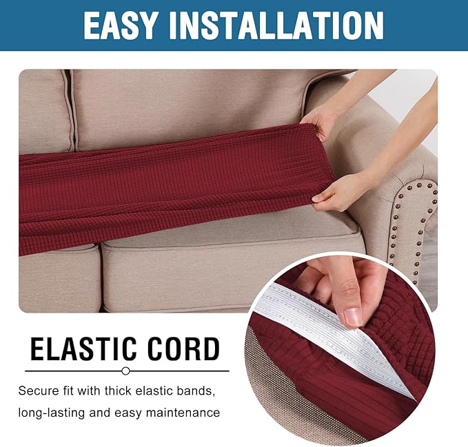 H.VERSAILTEX Super Stretch Individual Seat Cushion Covers Sofa Covers Couch Cushion Covers Slipcover Sets Thick Jacquard Textured Twill Fabric (1 Piece Loveseat Cushion Cover, Burgundy Red)-Ruum Studio Home