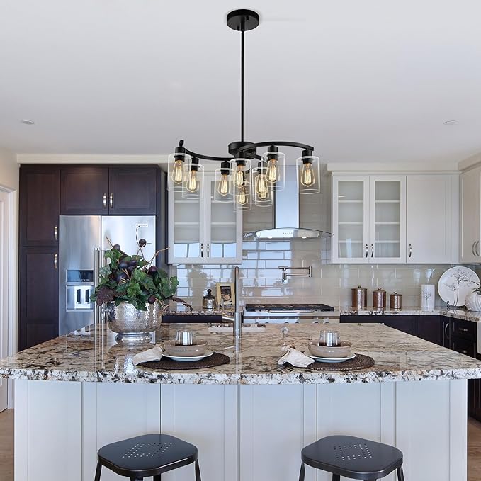 9-Light Black Modern Chandeliers for Dining Room, Adjustable Height Farmhouse Kitchen Island Lighting, Industrial Hanging Light Fixtures for Living Room Bedroom, Clear Glass Shade-Ruum Studio Home