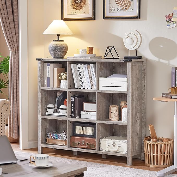 9 Cube Bookcase, Farmhouse 47 Inch Wide Grey Oak Bookshelf, Wooden 3 Tier Display Large Open Book Shelf, Vintage Horizontal Book Case for Home Office, Cubby Storage Cabinet for Living Room-Ruum Studio Home