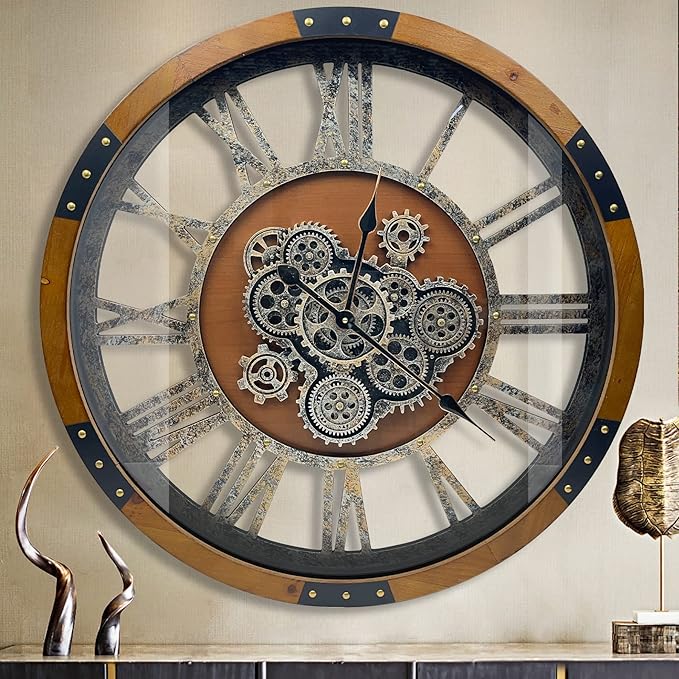 DORBOKER 24" Original Moving Gears Wall Clock, Large Industrial Wall Clock for Living Room Decor, Retro Wood Vintage Farmhouse Steampunk Rustic Clocks for Wall Decor,Brown Nanmu-Ruum Studio Home